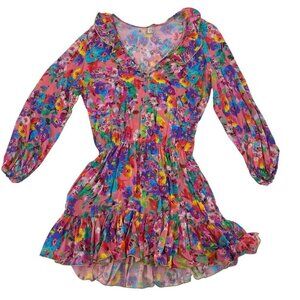 Luli Fama Size L Ruffled Deep V-Neck Frill Hem Dress Water Blossoms
